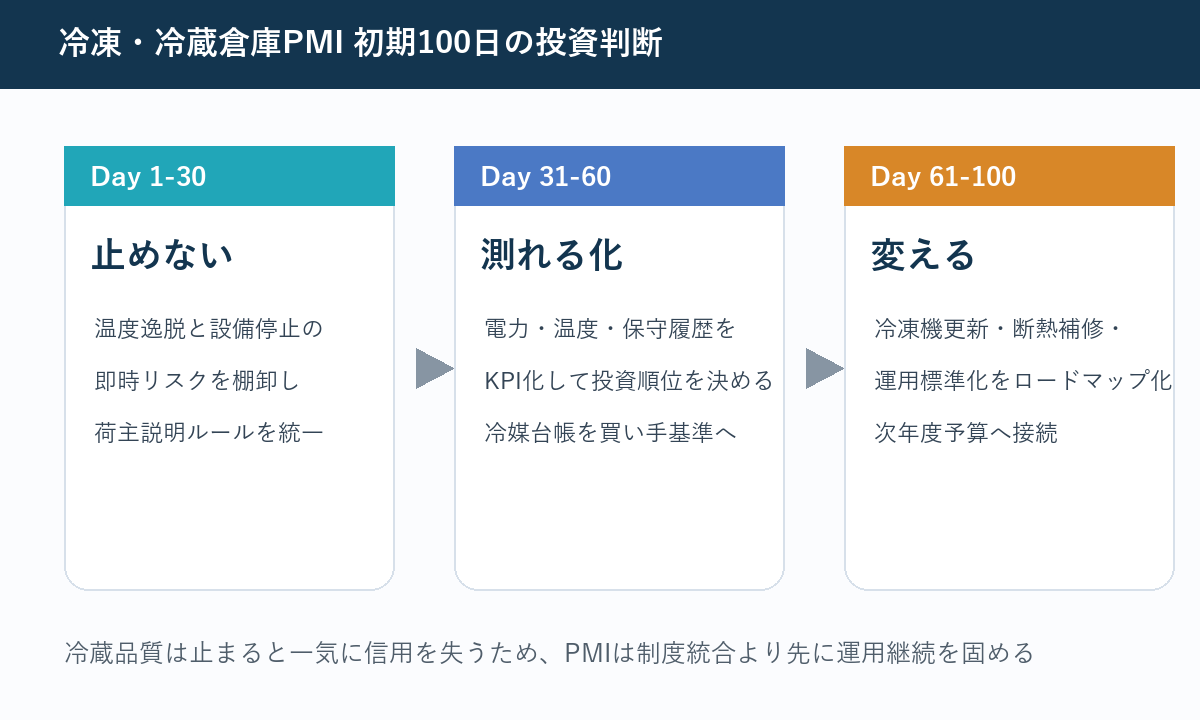 冷凍・冷蔵倉庫M&A後100日で温度品質と設備投資を進めるPMIロードマップ