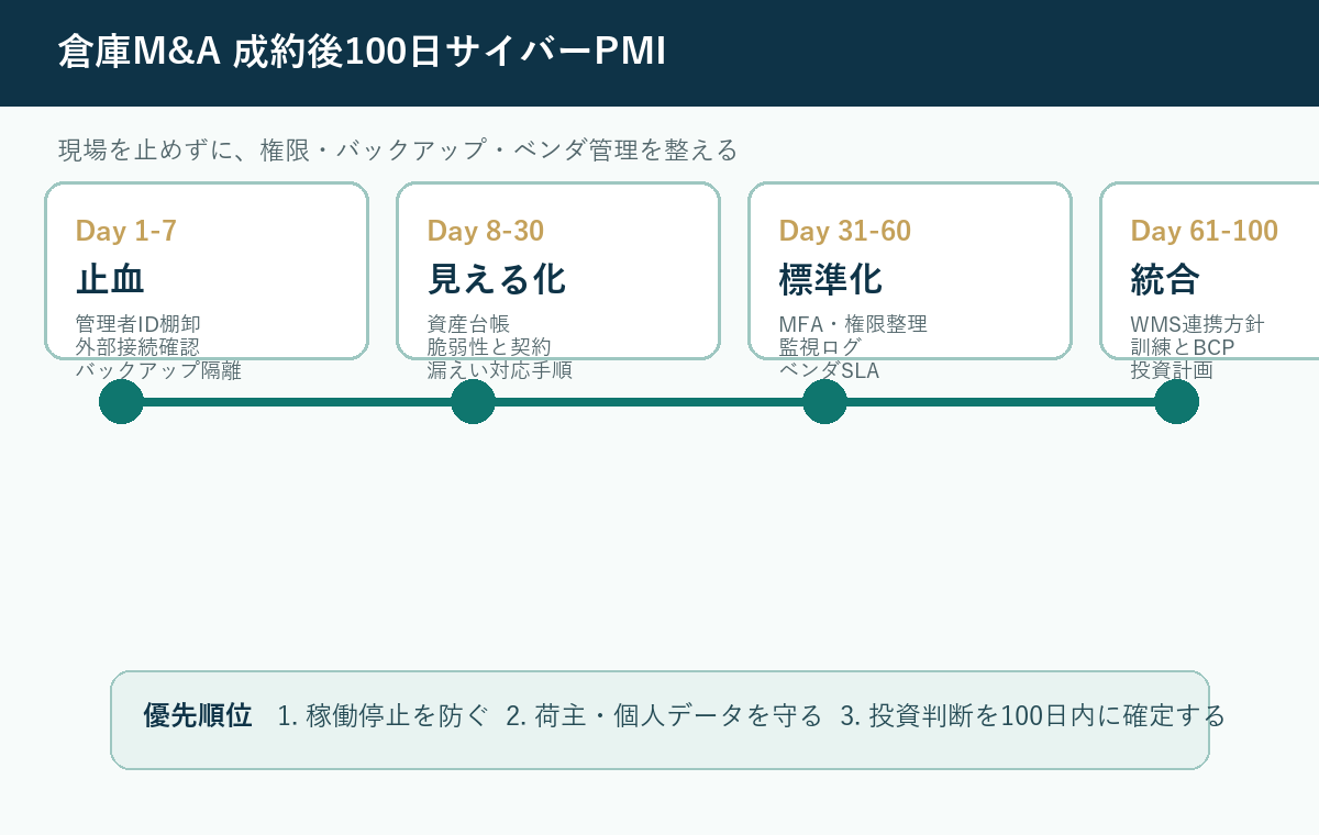 倉庫M&Aの成約後100日で進めるサイバーPMIロードマップ