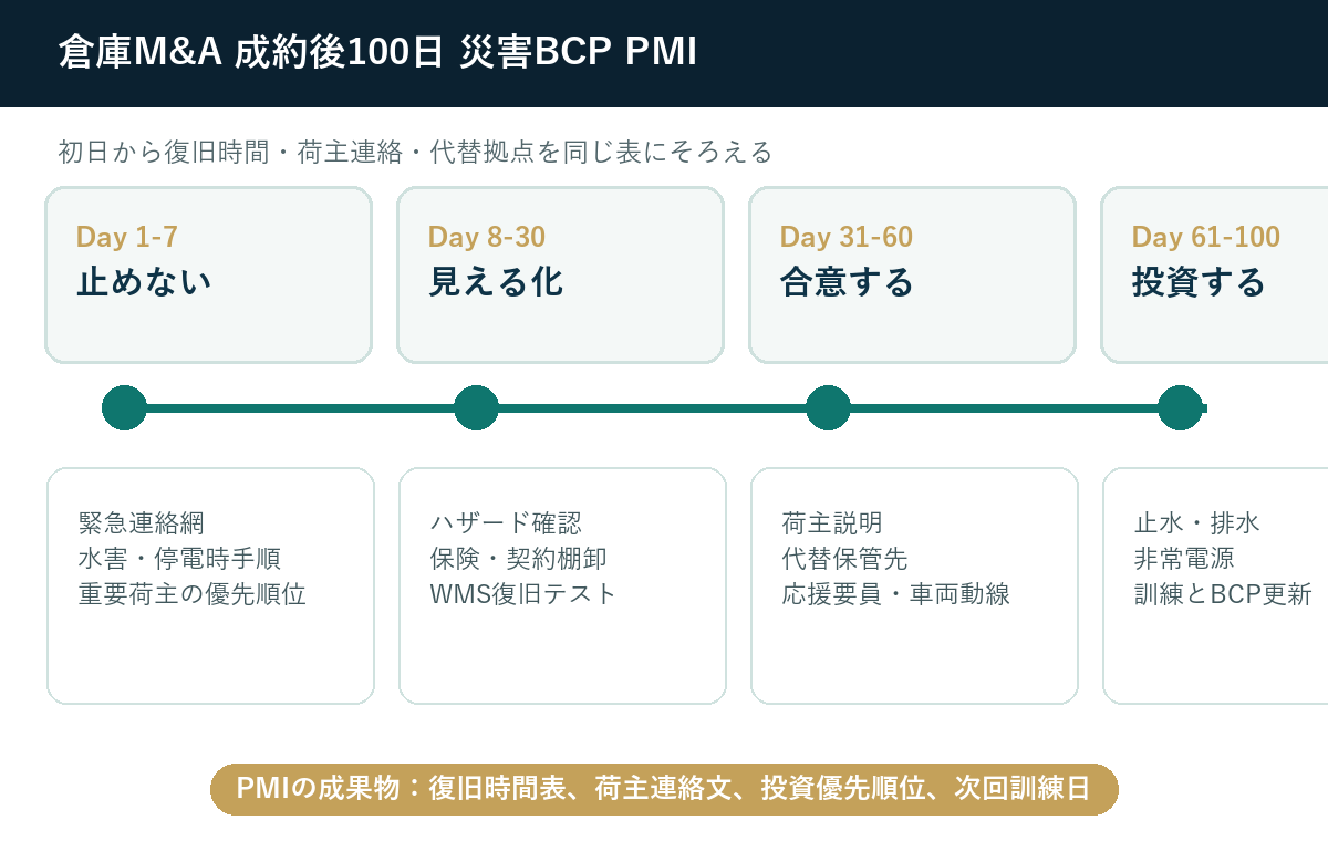 倉庫M&Aの成約後100日で進める災害BCPと復旧体制のPMIロードマップ