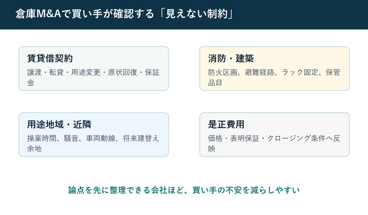 倉庫M&Aで買い手が確認する賃貸借契約・消防・用途地域・是正費用の論点