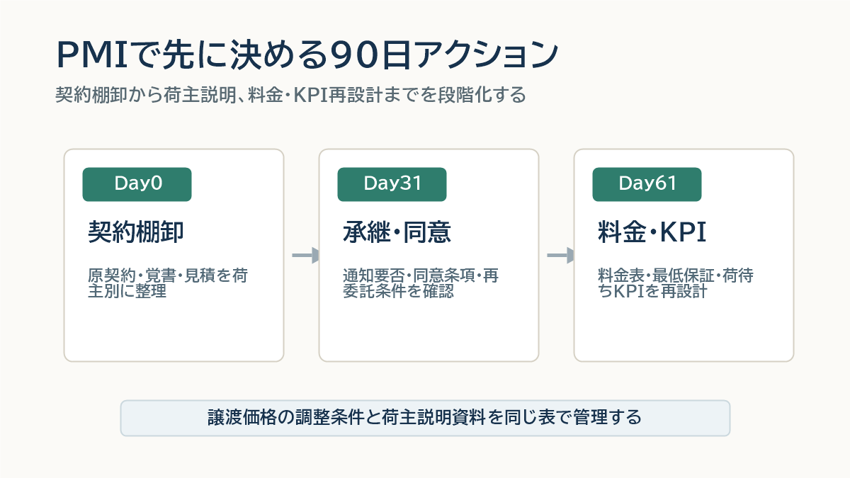 倉庫M&A後のPMIで契約棚卸、承継同意、料金とKPI再設計を90日で進める流れ