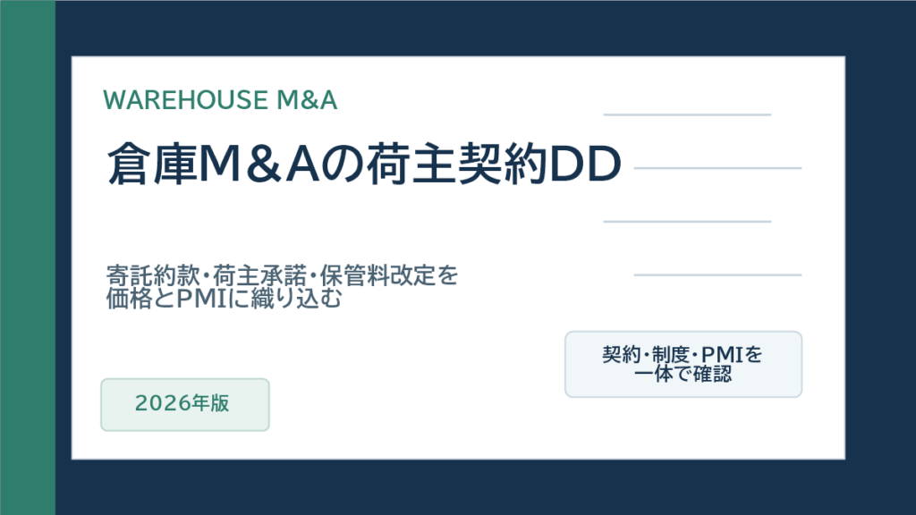 倉庫M&Aで荷主契約DD、寄託約款、荷主承諾、保管料改定を確認することを示すアイキャッチ画像