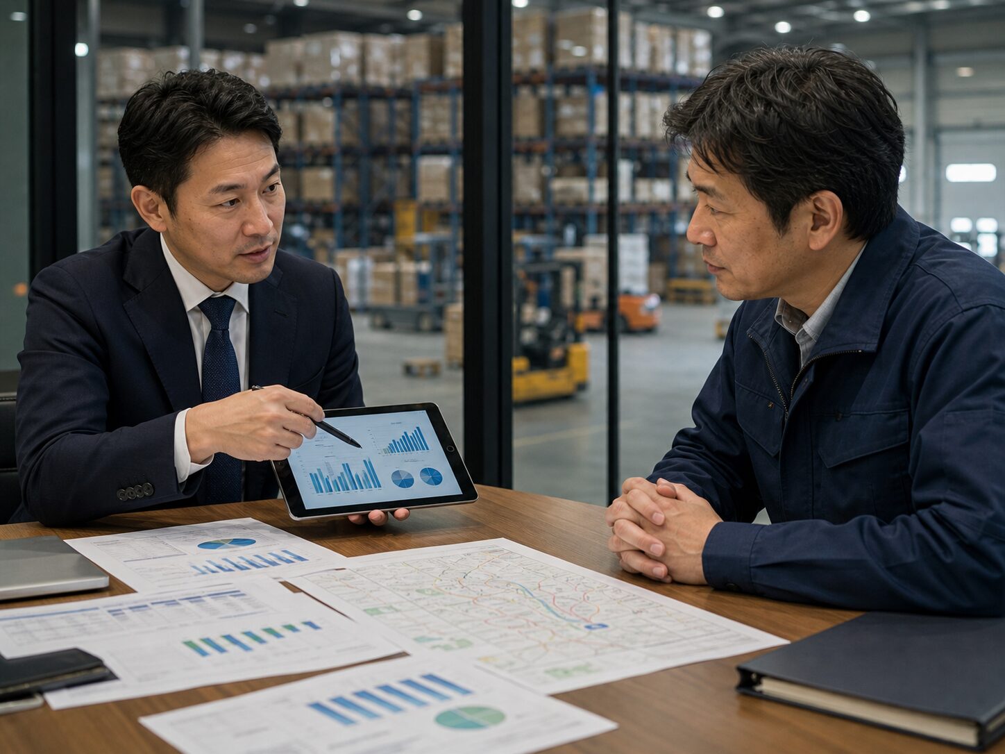 倉庫会社の企業価値診断について資料を確認する面談