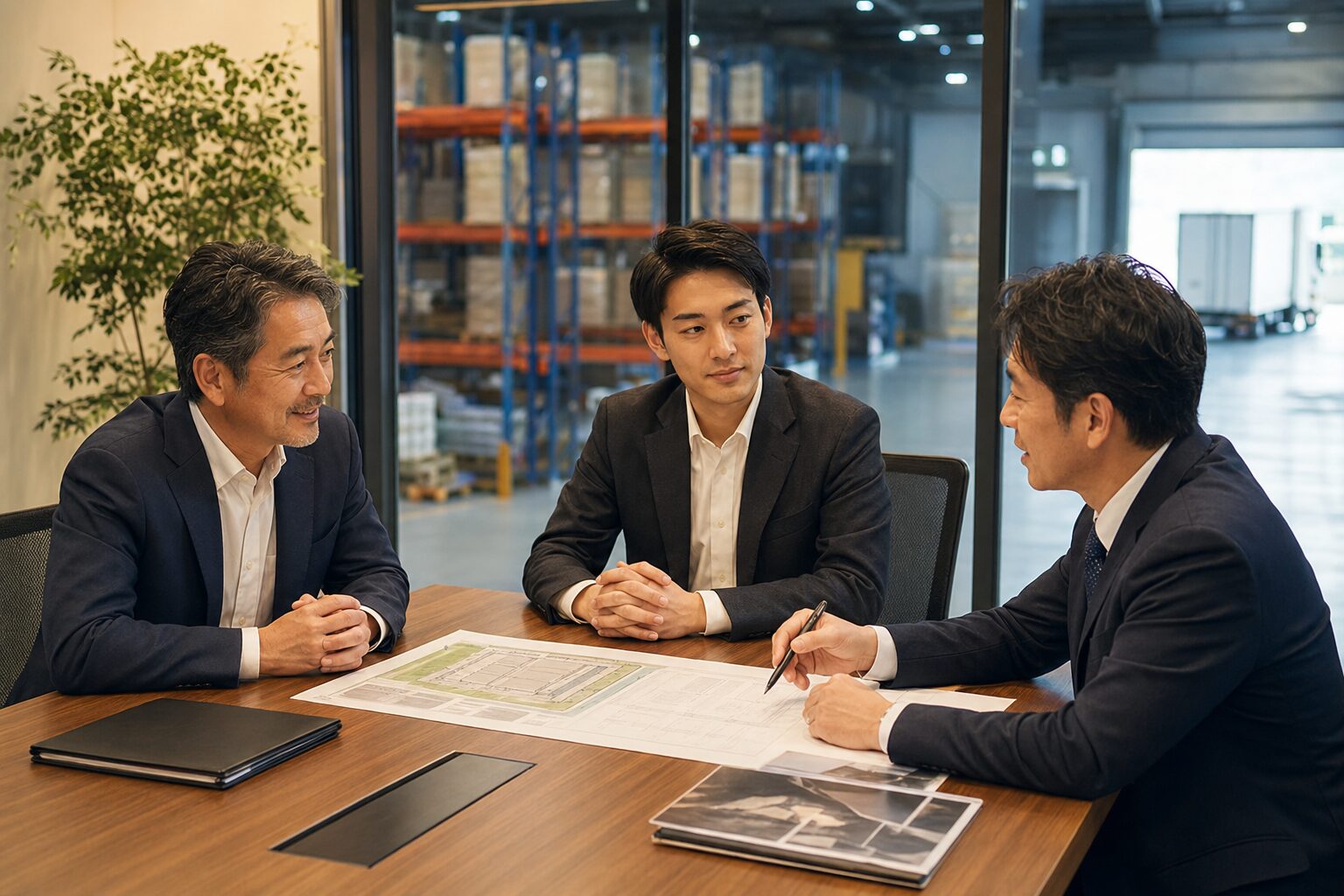 倉庫を背景に事業承継とM&Aの条件を相談する打ち合わせ