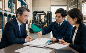 倉庫会社の所長や従業員への引き継ぎ計画を確認するビジュアル