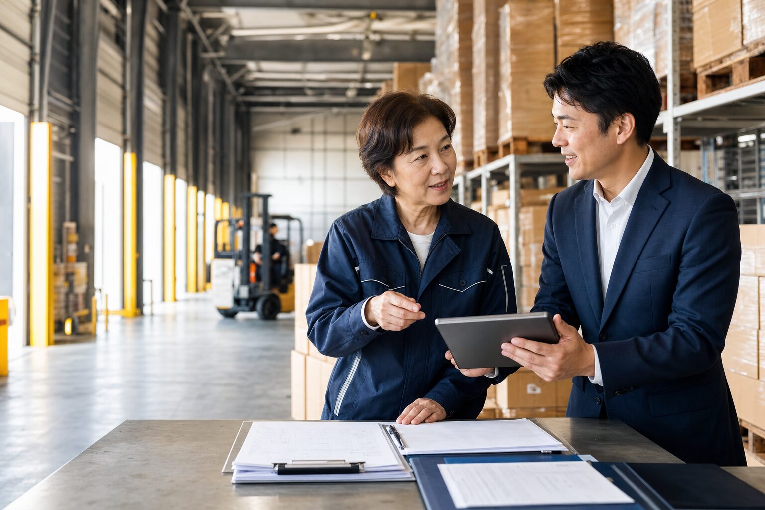 倉庫内でタブレットを確認する倉庫会社経営者とM&Aアドバイザー